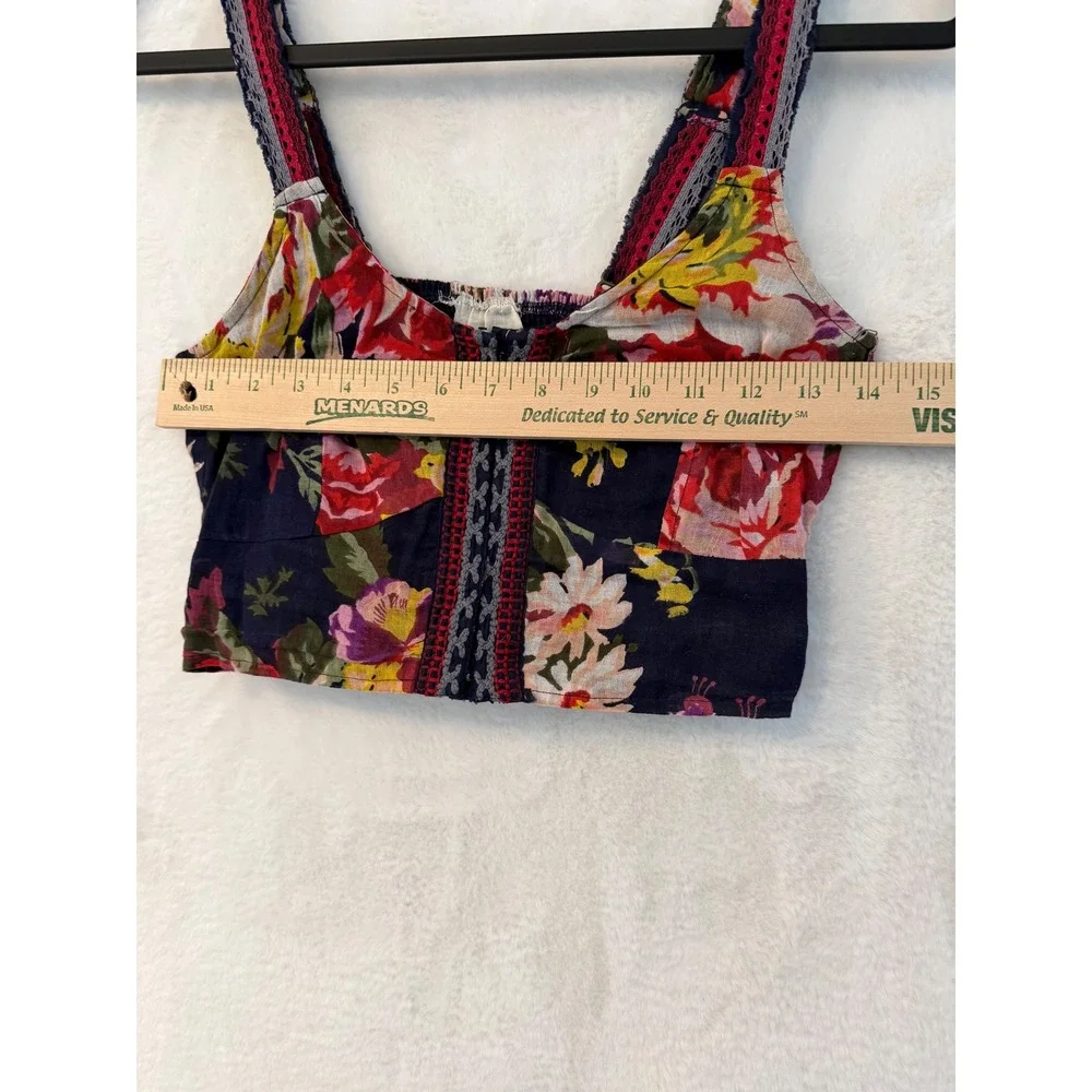 Free People FP One Floral Crop Top Womens Medium Patchwork Embroidered Boho Navy